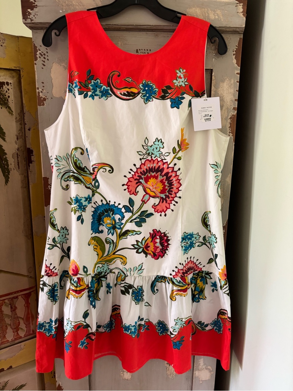 Marie Oliver White Floral Mini Dress with Coral Accents